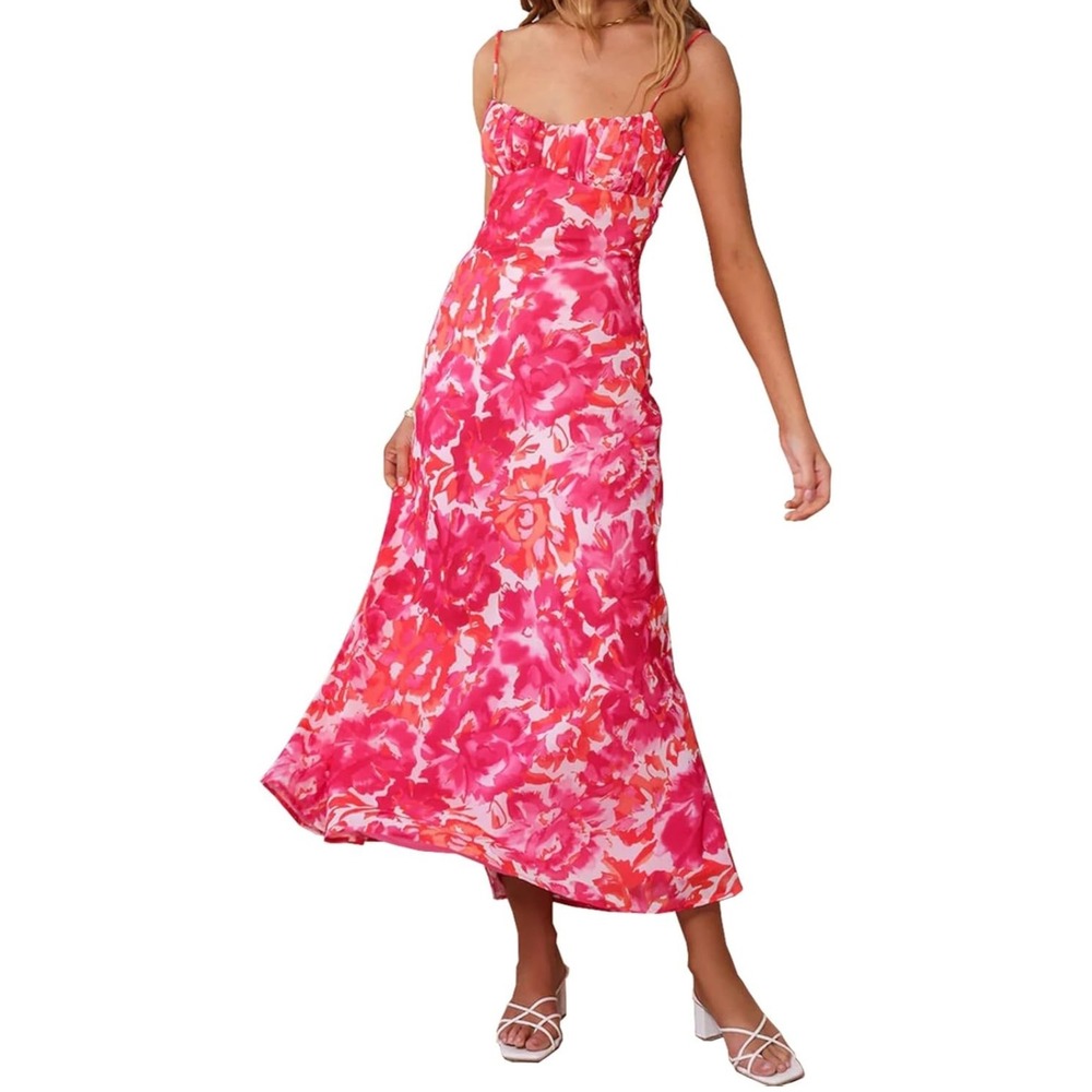 Micas Floral Midi Dress Open Back Pink Red Sleeveless Summer Sundress Size M